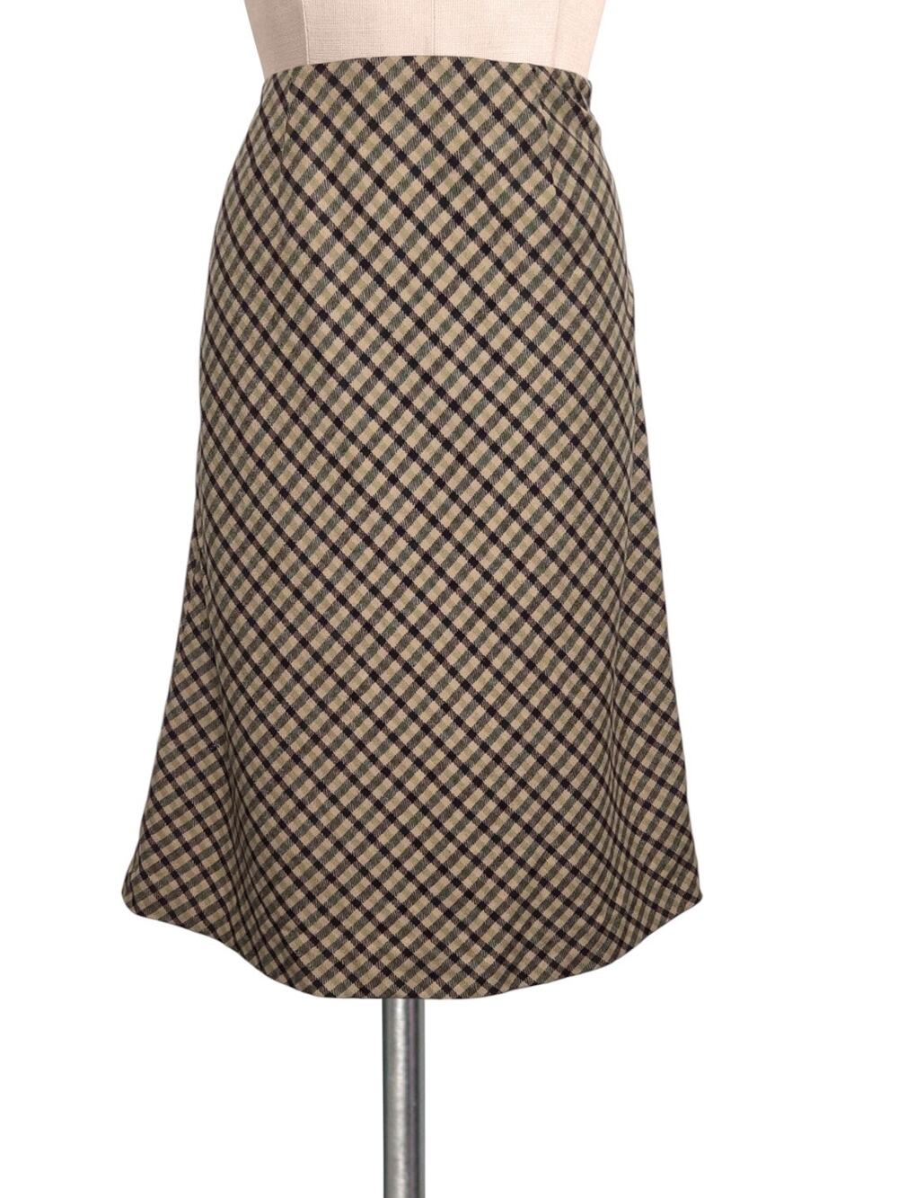 Vintage Casual Corner Houndstooth Plaid Wool Blend Tan Green Skirt 4